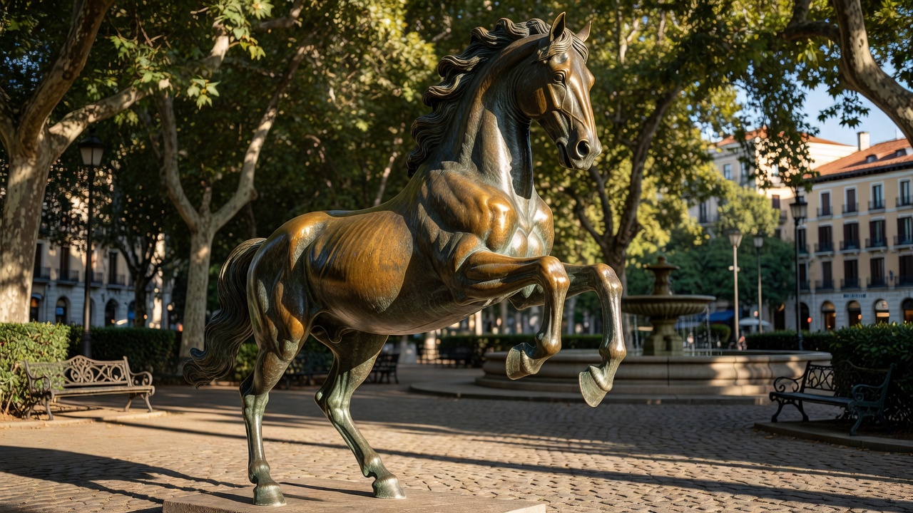 Detalle de pátina en bronce de escultura ecuestre madrileña